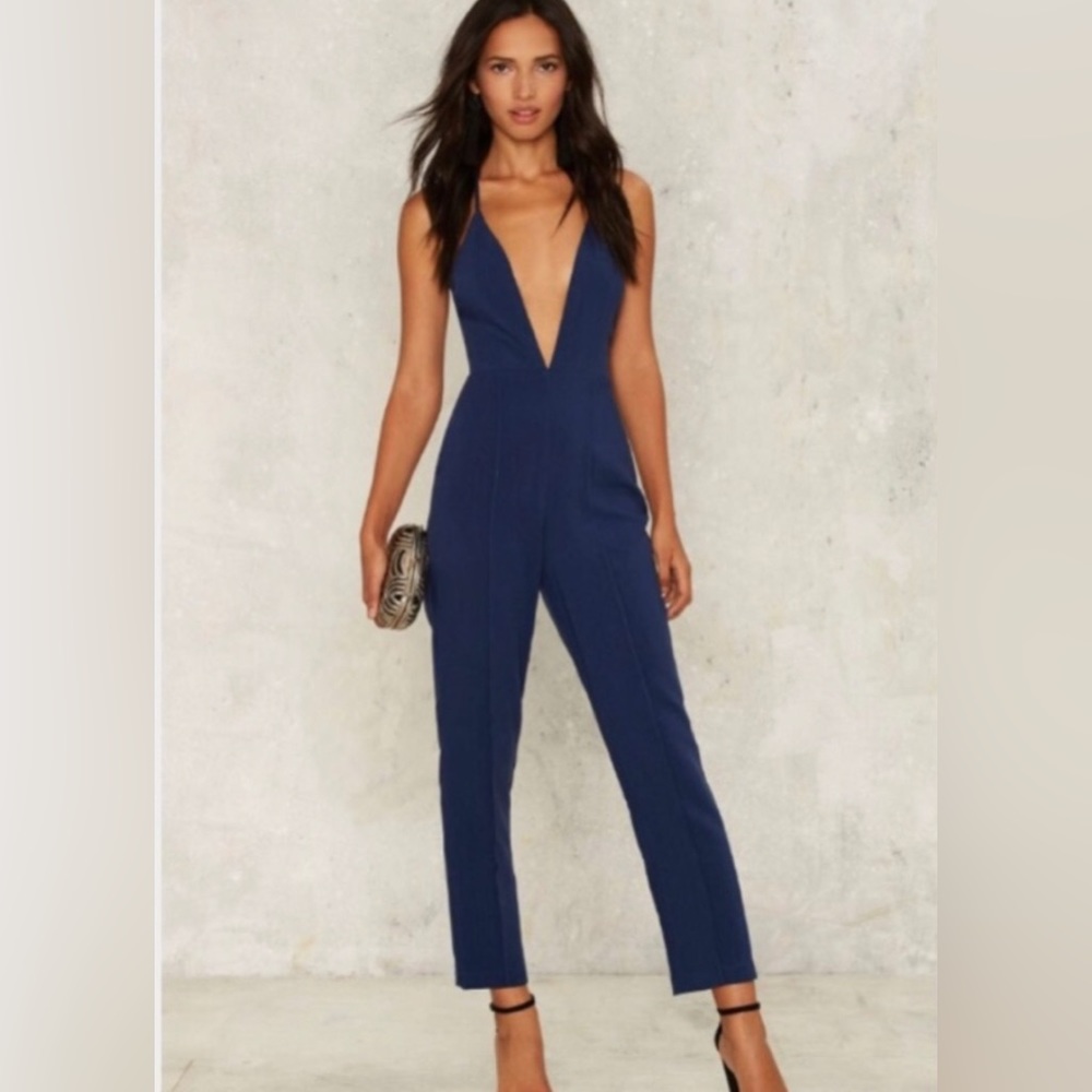 Nasty Gal Rare London All Eyes Plunging Blue Jumpsuit